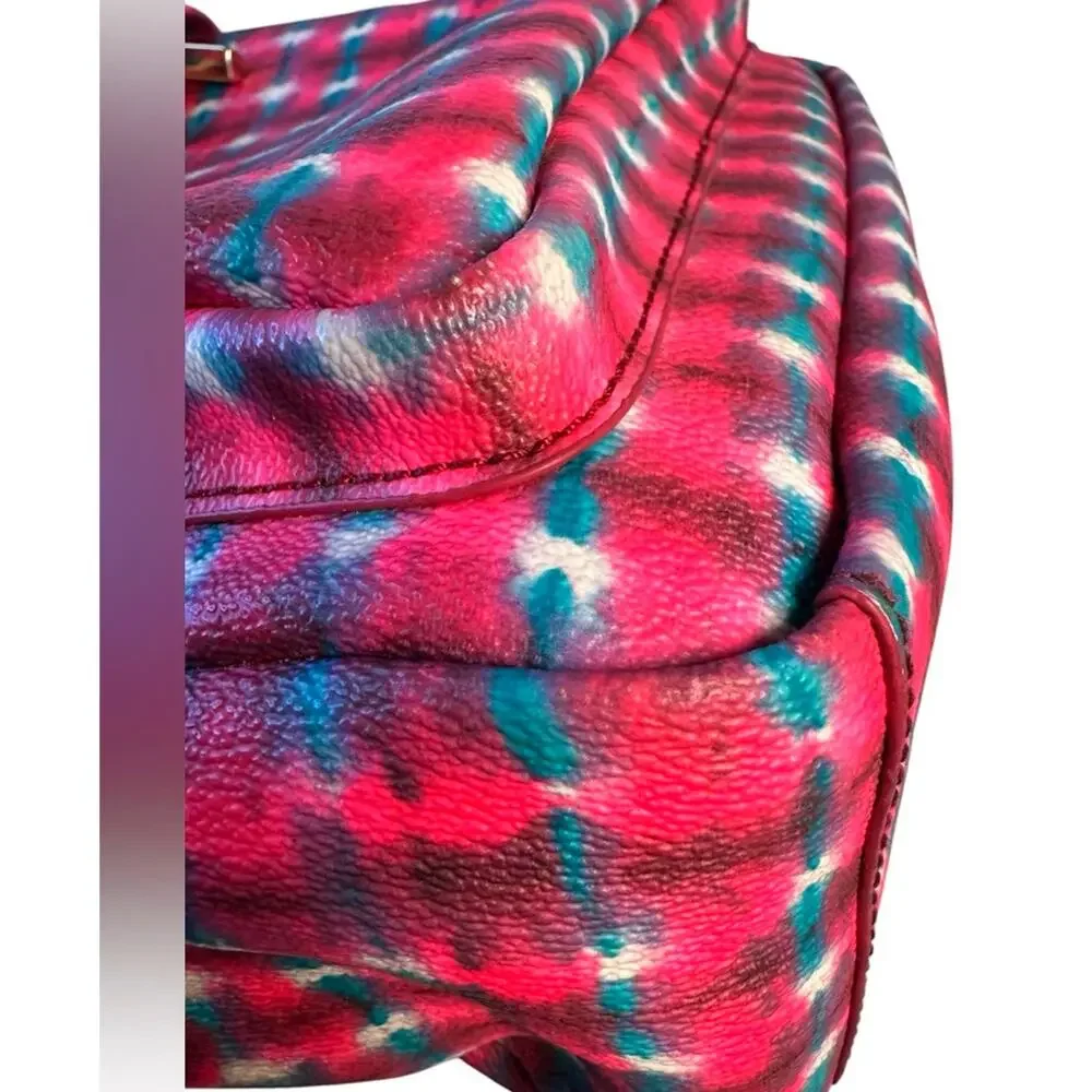 Tory Burch multicolor printed backpack with tan leather trim, top handle bag.